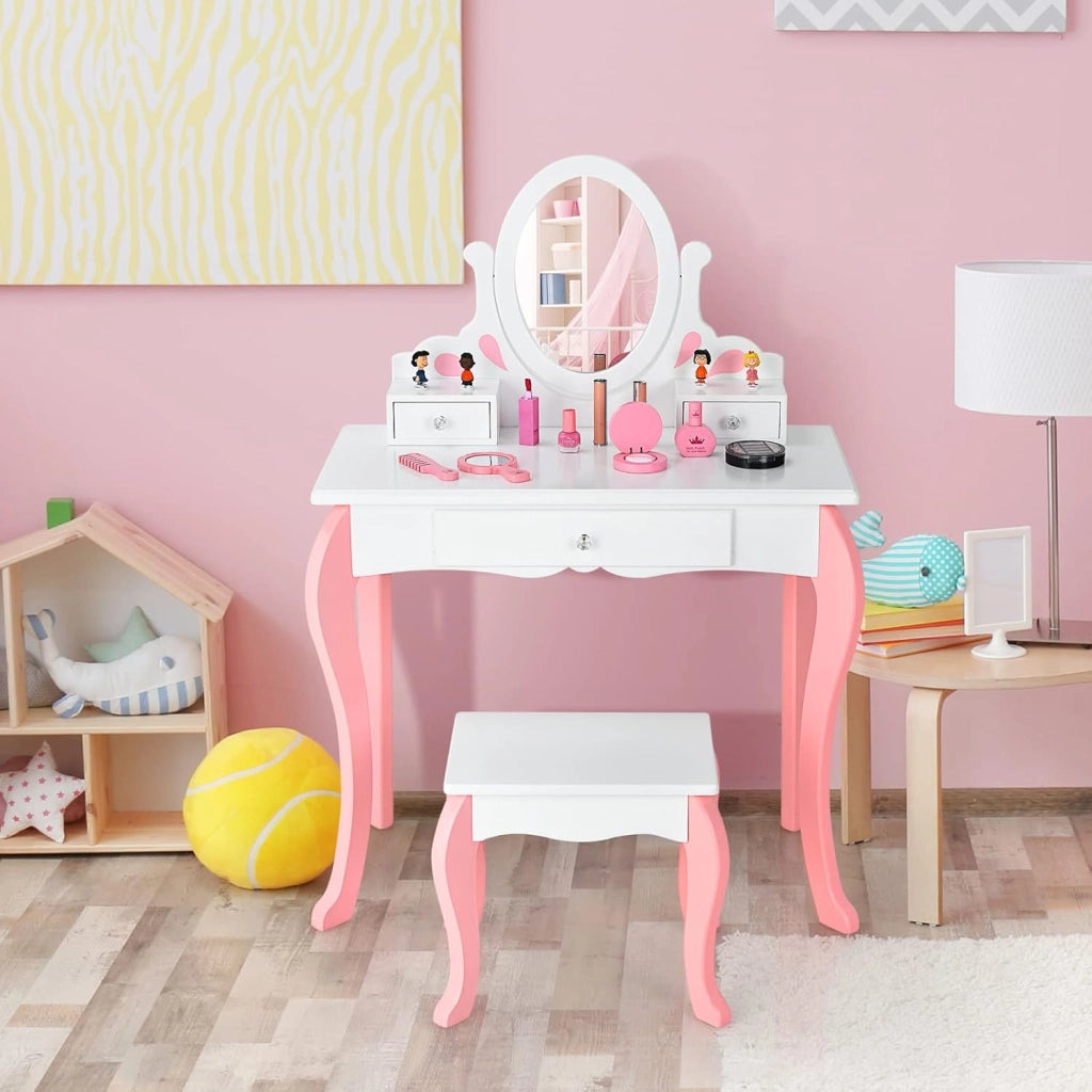 Toeletta Trucco 2 in 1 per Bambina, Specchiera Staccabile per Ragazza in Legno con Sgabello, Portapenni, Cassetto e Specchio Girevole a 360°, Postazione Trucco, 70 x 34 x 105cm (Bianco)