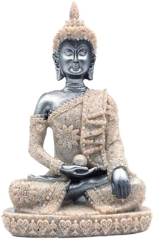 Statua di Buddha in pietra naturale - Figura decorativa per meditazione - Scultura manuale - Nero/Dorato - Elemento decorativo - Figura ispiratrice di devozione - Lavoro scultoreo