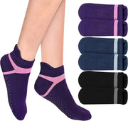 Yogasokke antiscivolo per donne - Socke yoga con maniglie per mani - 3 paia - Yoga Pilates Ballet Fitness - Taglia 5-8 - Nero/Grigio, Verde/Blu, Viola/Rosso