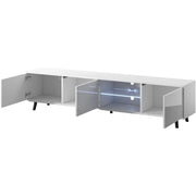 Mobile TV L Con Vano Centrale Ripiano In Vetro E LED 3 Ante Battenti In Melaminico Con Piedini In Metallo Per Soggiorno Salotto Zona Living 175 X 40 X 31.5 Cm Bianco
