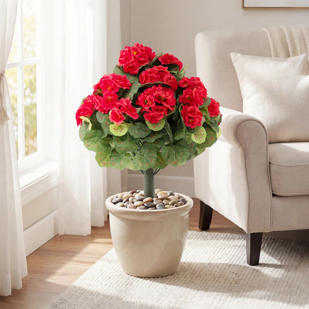 2 Mazzi di begonia artificiali 57 cm con fiori e foglie in seta tronco realistico in PE, Begonie finti per decorazioni con picchetti Rosso