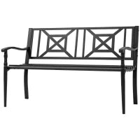 Panchina da Giardino Nera in Acciaio per 2 Persone con Schienale Alto e Braccioli, 128x62.5x81.5 cm