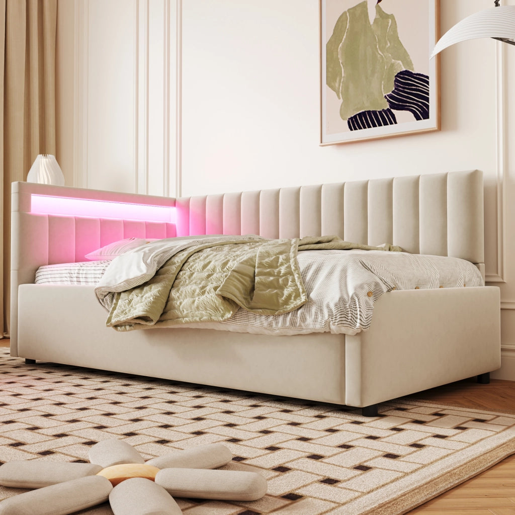 OKWISH Letto Divano 90×200 cm, Letto Singolo con LED, Vano Contenitore Idraulico e Testiera Reversibile, senza Materasso, Velluto, Beige