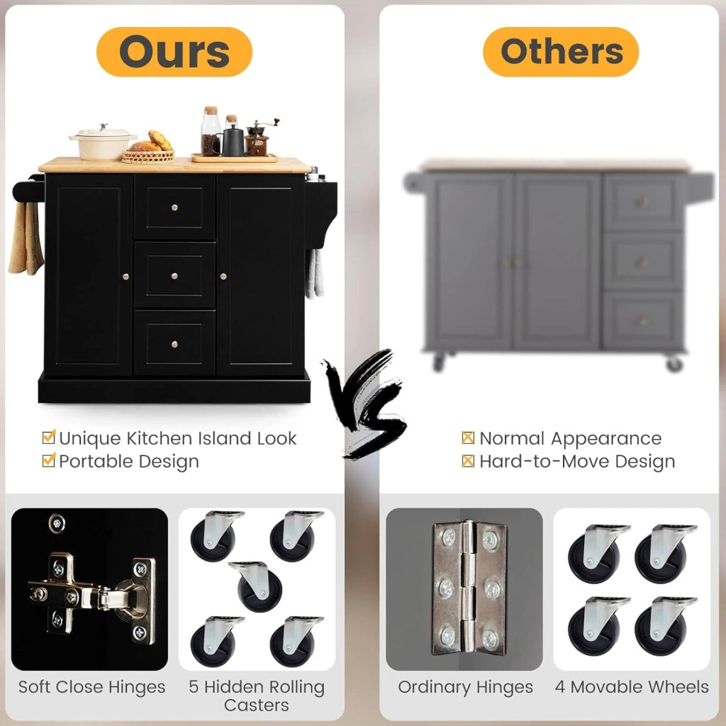 Carrello da Cucina con 3 Cassetti e 2 Armadi, Isola da Cucina Mobile con 5 Ruote Nascoste, Credenza Carrello da Portata con Portasciugamani e Portaspezie,126x45x91,5 cm (Nero)
