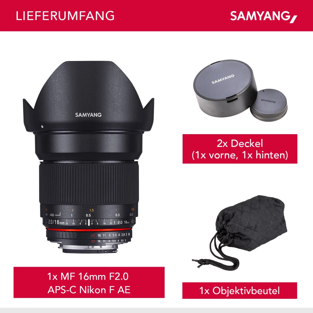 16/2.0 Lens DSLR Nikon F AE obiettivo fotografico con messa a fuoco manuale e anello di apertura automatica, obiettivo grandangolare nero