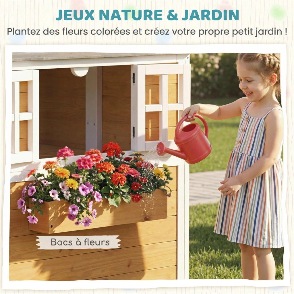 Casetta per bambini in legno per esterno ¨C zephmum ¨C con porta, finestre e 3 vasi, gialla