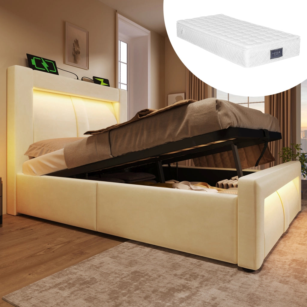 LETTO contenitore 90x200 cm in velluto beige con LED, USB, Type-C e materasso incluso