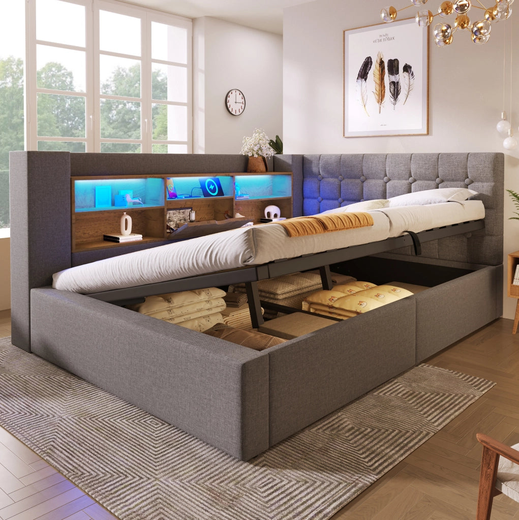 Letto matrimoniale 140x190 cm in tessuto grigio con LED; USB e contenitore idraulico
