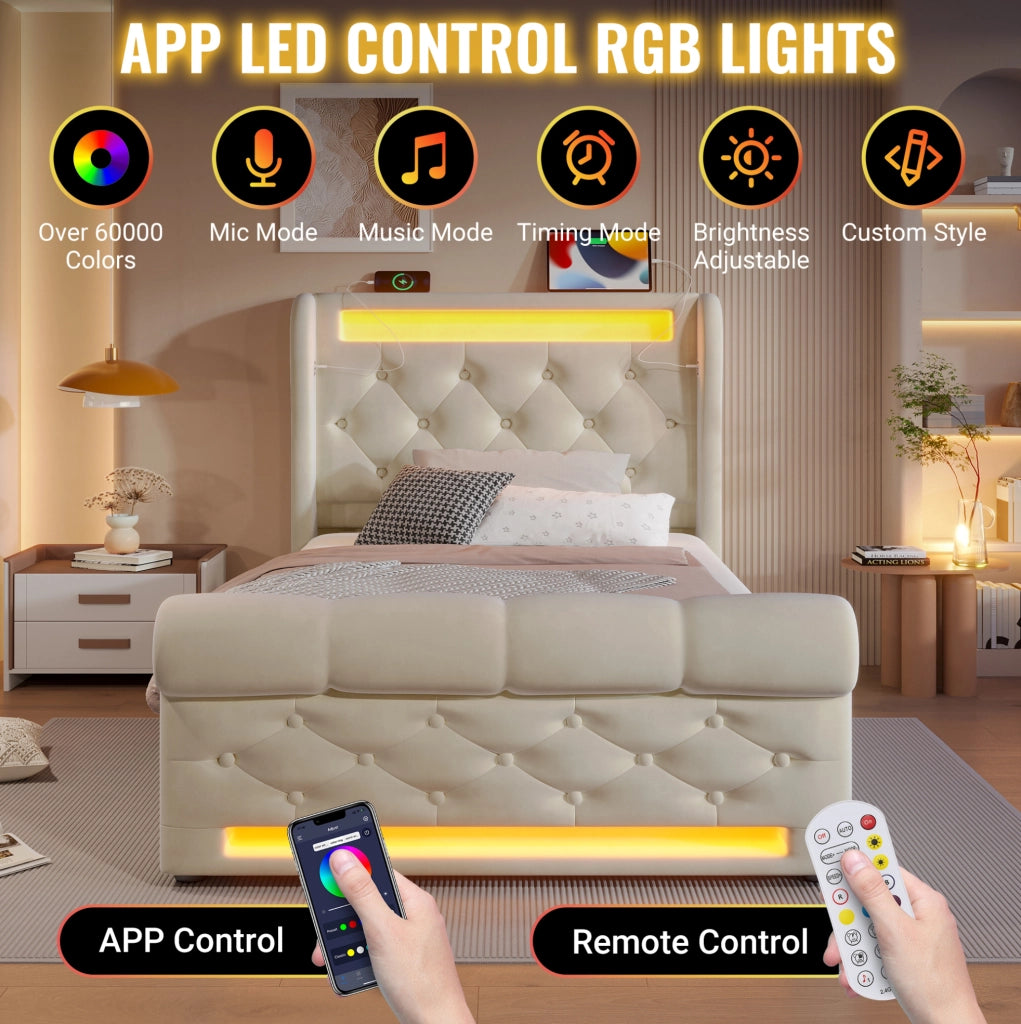 Letto singolo imbottito ULEVR 90x200 cm con contenitore idraulico, LED, USB e Type-C, velluto beige