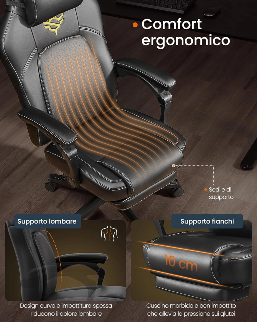 Sedia da Gaming Ergonomica per Computer Con Poggiapiedi e Poggiatesta, Pelle Sintetica, Altezza Regolabile, Nero Inchiostro OBG072B01