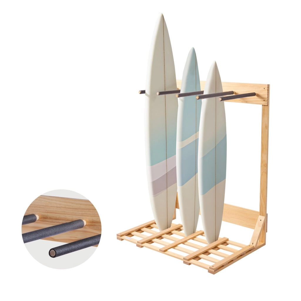 Supporto Verticale per Tavole da Surf a 4 Livelli SSSVS-03, Rastrelliera Autoportante in Legno di Pino Naturale per Snowboard e Wakeboard, Robusto