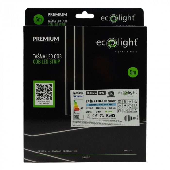 Striscia LED COB 480/m 7W/m 6000K IP20 12V 5mm 5m dimmerabile