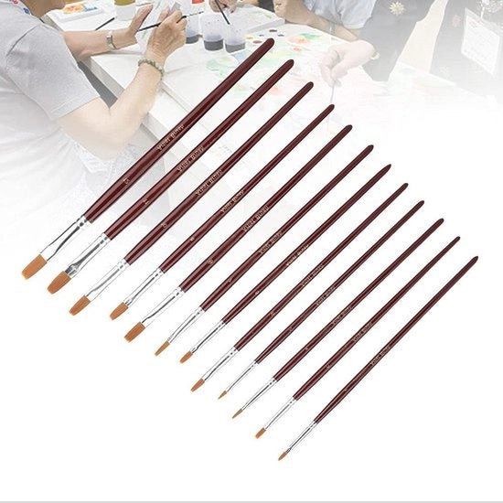 Set di pennelli a pennello 12 pezzi - Fibra nylon - Manico in legno - Adatto per acrilico/aquarello - Lunghezza complessiva 18-21,9 cm - Elevata assorbimento d'acqua - Pennelli per pittura