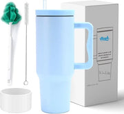 Bicchiere in acciaio inossidabile da 40 oz con manico e coperchio di legno - Onda di acqua riscaldabile e riutilizzabile - Blu celeste