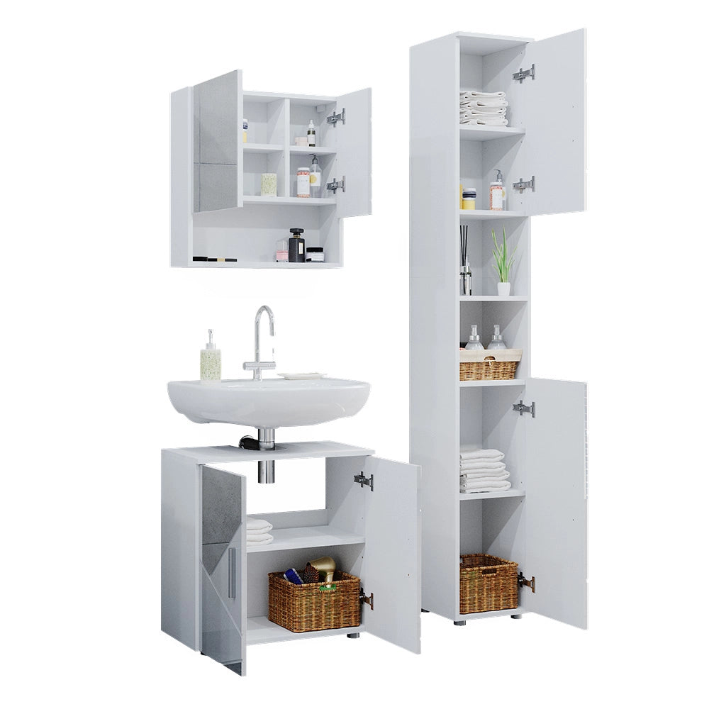 Vicco Set mobili bagno Bianco lucido con inserti 3 parti, con cassettiera e colonna