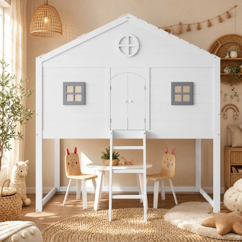 Letto a soppalco per bambini 90x200 cm bianco e grigio