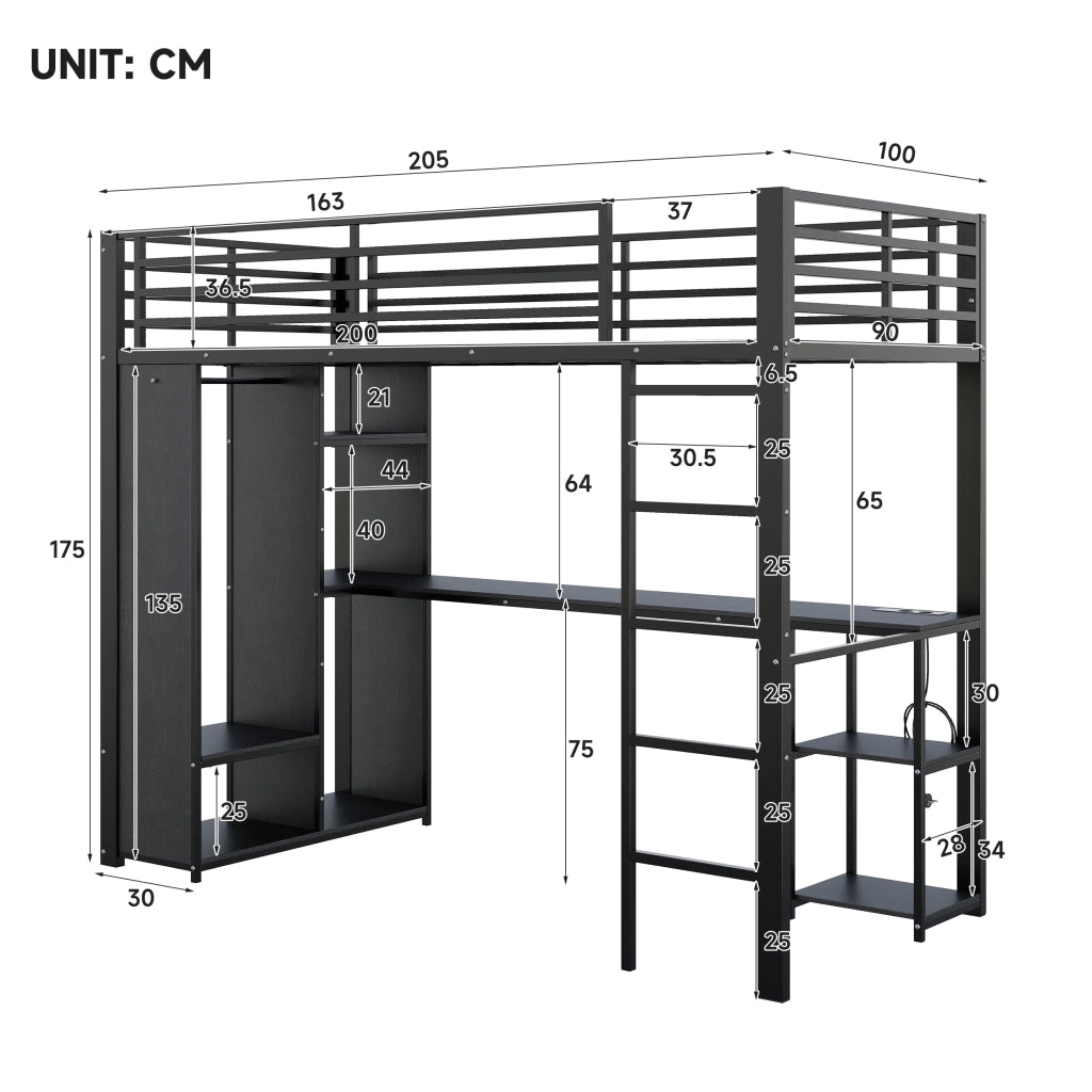 Letto a soppalco singolo 90 × 200 cm con scrivania, ripiani, armadio aperto, LED, USB et Type-C, senza materasso, nero