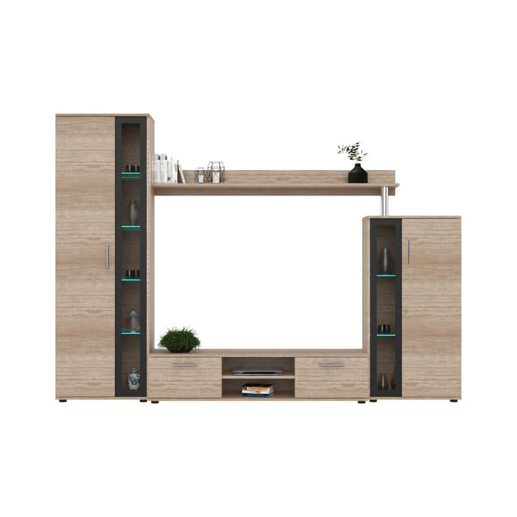 Mobile Soggiorno Linahasi, Parete Attrezzata Modulabile, Marrone Rovere Scuro