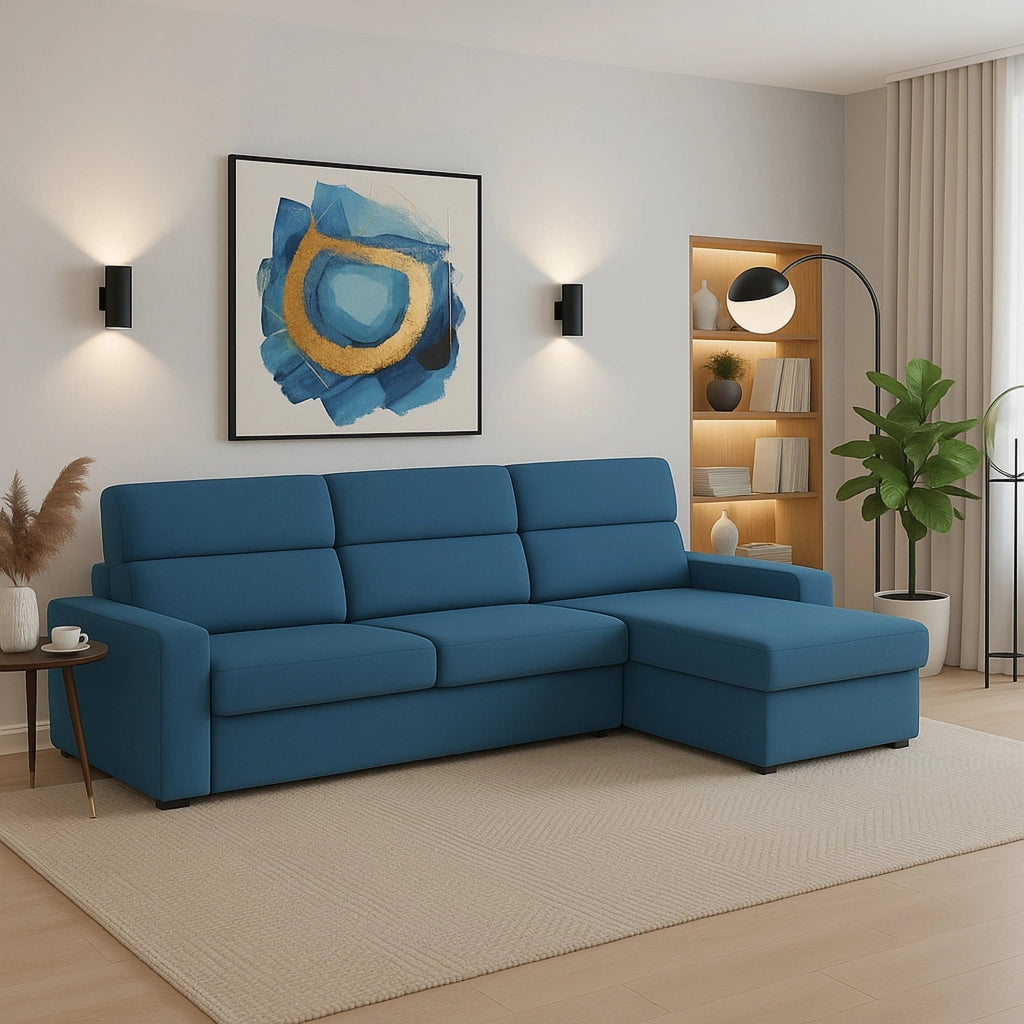 Vigonovo, Divano Fisso con Penisola Sfoderabile Made in Italy, 280x160 cm blu