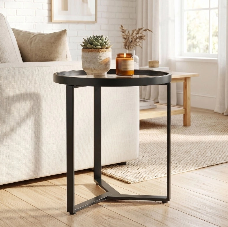 Tavolino rotondo nero con vetro temperato Ø 45 cm