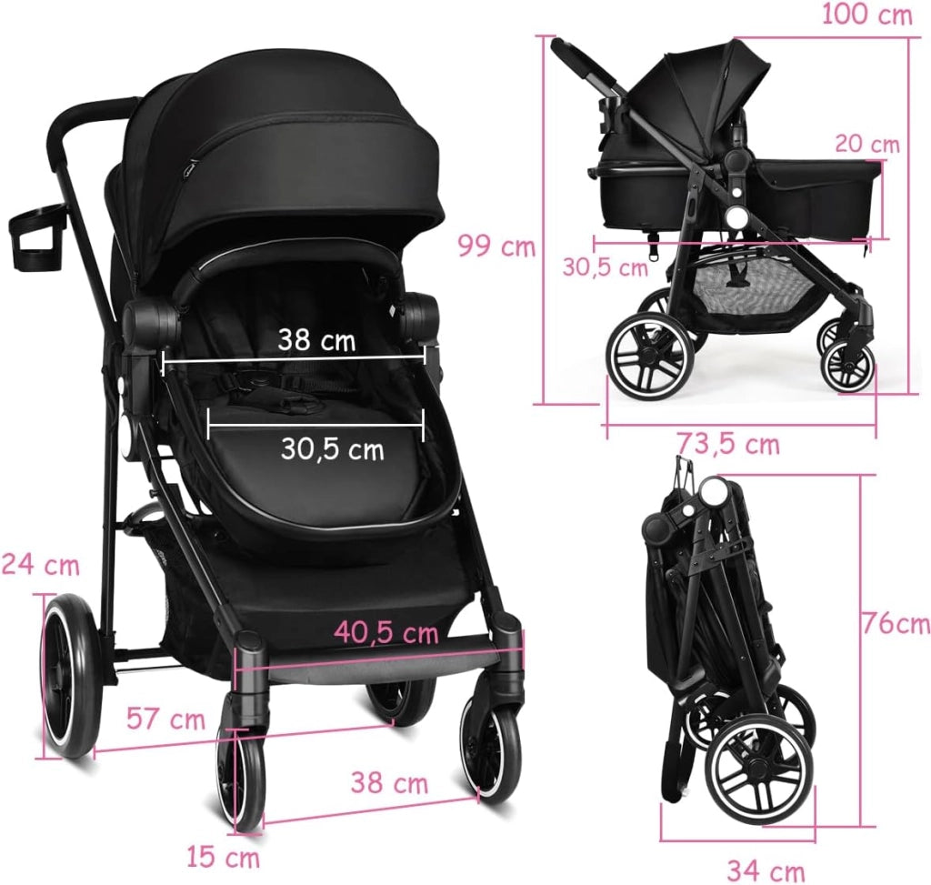 2 in 1 Passeggino per Bambini, Passeggino Pieghevole con Sedile Reversibile, Schienale Regolabile, Passeggino Leggero con Cintura di Sicurezza, Copertura, per Bambini 0-3 Anni (Nero)