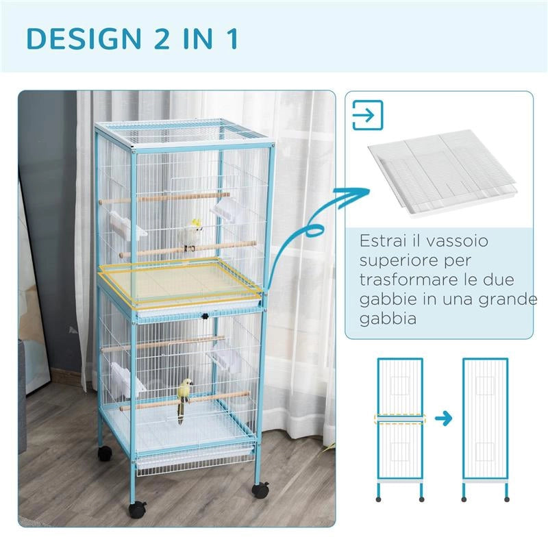 GABBIA PER UCCELLI 2 IN 1 VOLIERA DA INTERNI CON 4 RUOTE E VASSOI ESTRAIBILI, 51.5X50X140CM