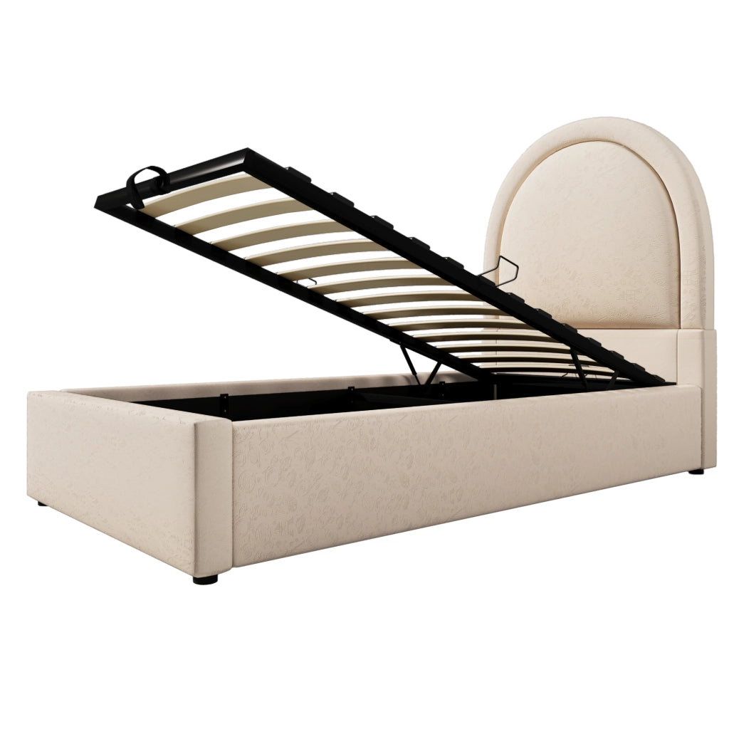 Letto imbottito singolo 90x200 cm beige con testiera semicircolare, contenitore idraulico e struttura in metallo