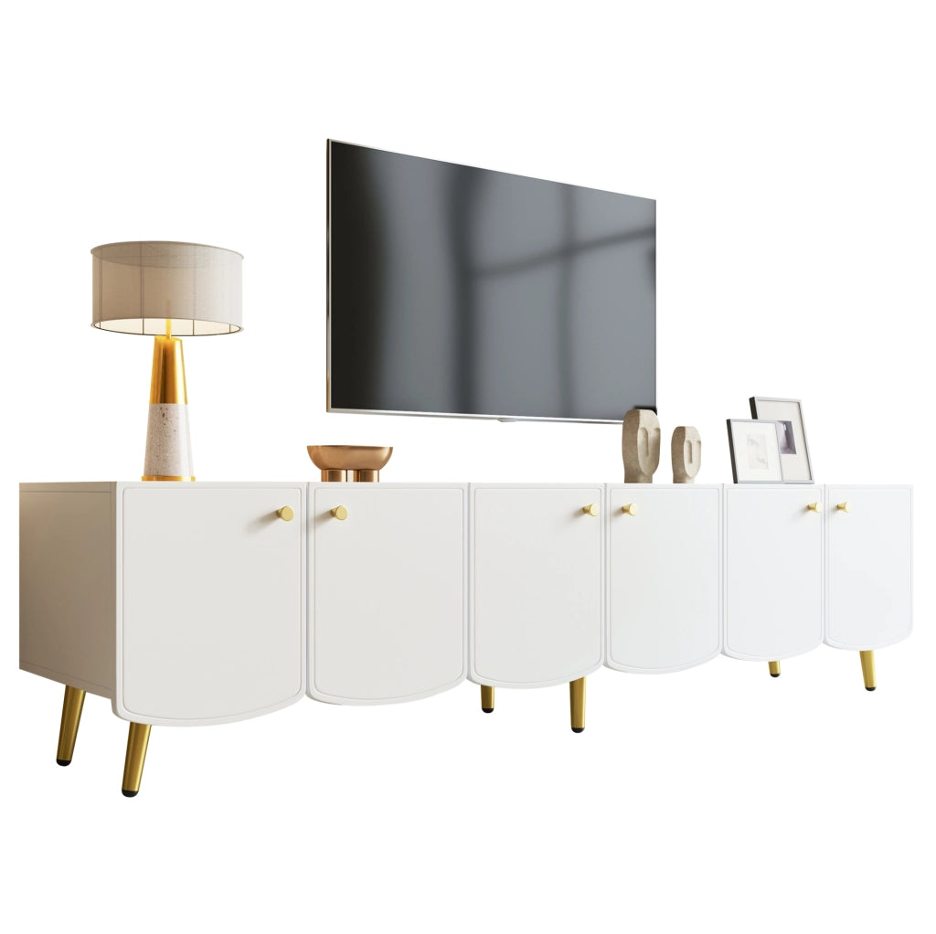 Mobile TV bianco e oro 180 cm con 6 ante e piedi in metallo