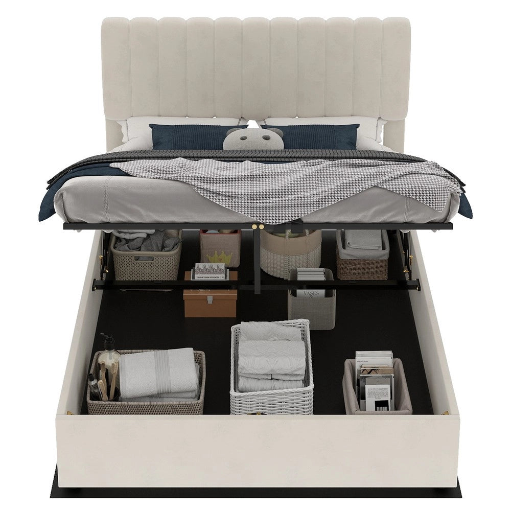 Letto Contenitore Imbottito ¨C MINIMAL ¨C Velluto Beige 160x200 con Rete e Testiera