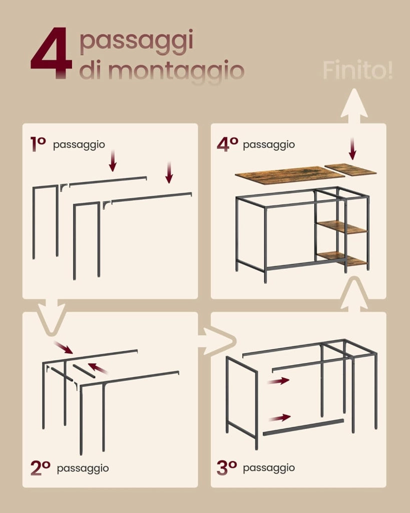Scrivania per Computer, Scrittoio con 2 Ripiani a Sinistra o Destra, Tavolo da Lavoro, per Ufficio Soggiorno, Struttura in Acciaio, Industriale, Marrone Vintage e Nero LWD47X