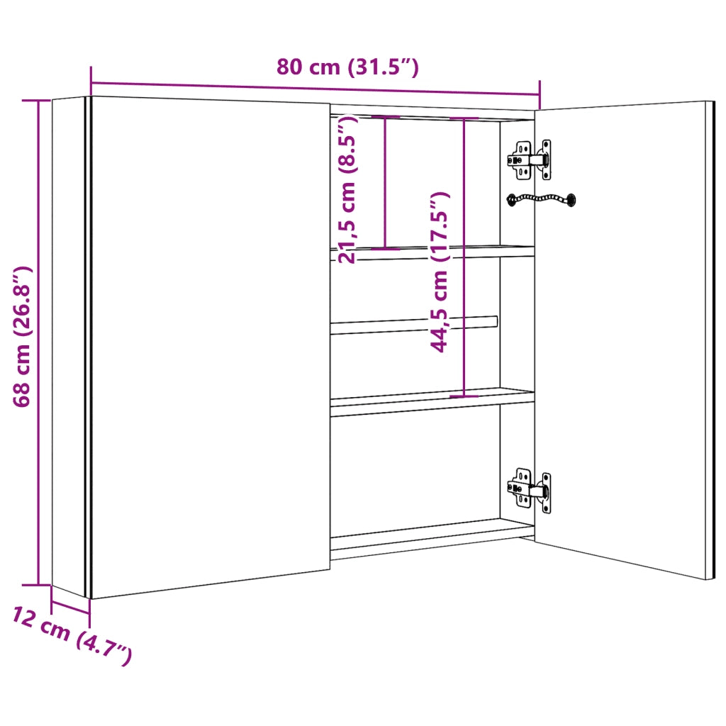 Armadietto Bagno con Specchio e LED Grigio Lucido 80x12x68 cm 326514