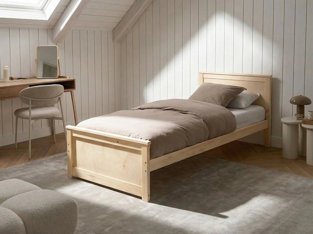 Letto singolo in legno naturale marrone chiaro 90 x 200 cm con testiera in stile scandinavo