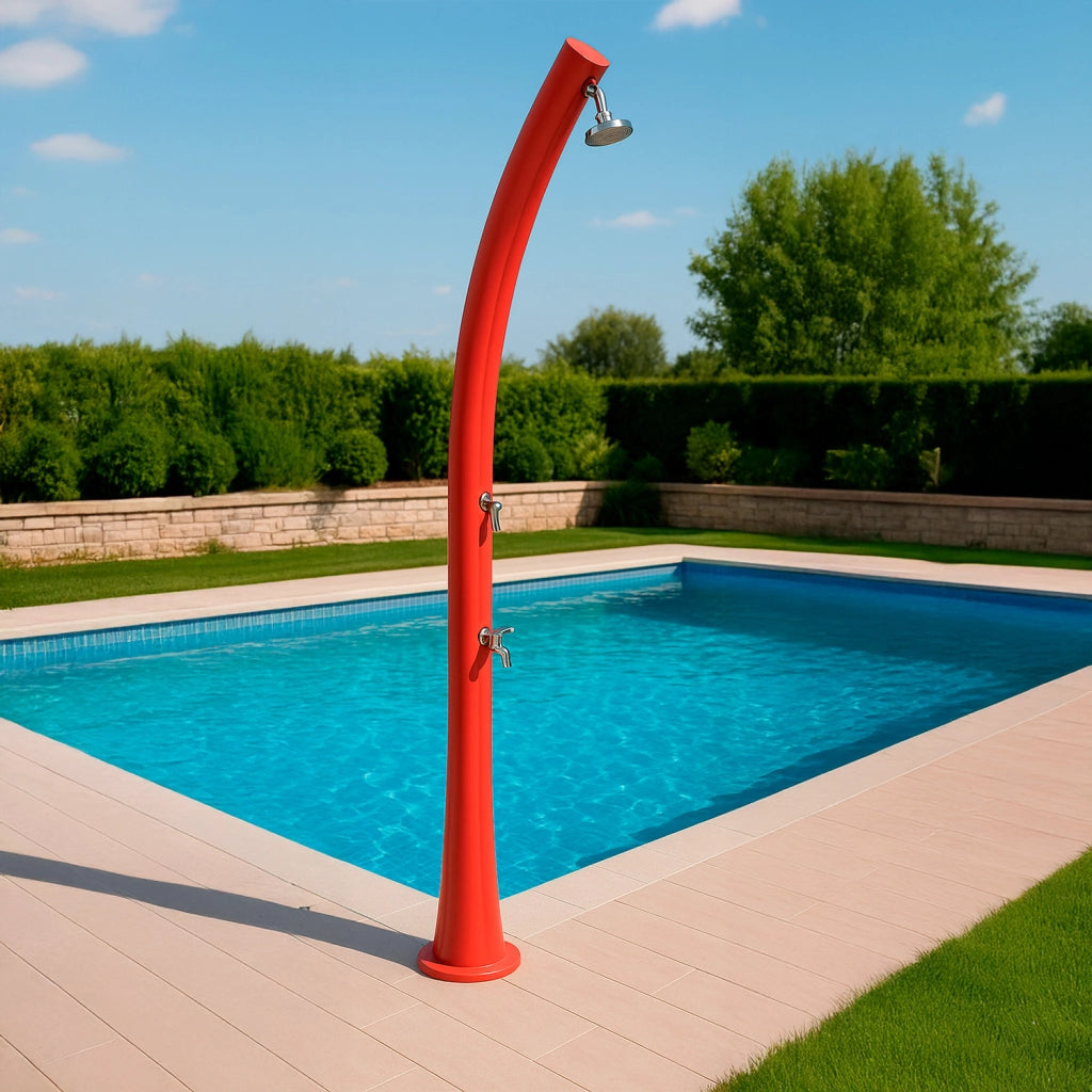 MPC Doccia Rossa in Polietilene HD Altezza 226 cm Serbatoio 25 Litri Soffione Rotondo 10 cm e Lavapiedi Ideale per Giardino e Piscina Modello Rio