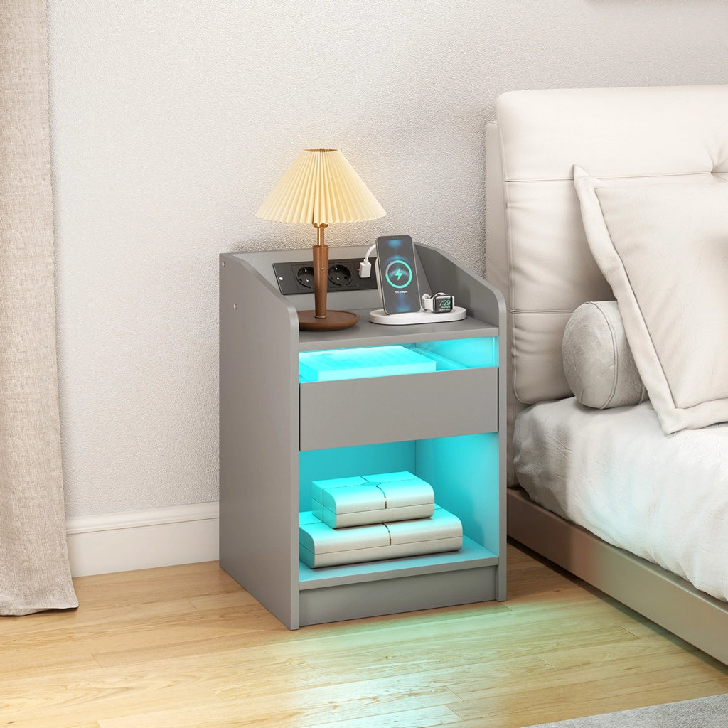 Comodino con LED RGB, stazione di ricarica USB, cassetto e controllo remoto ¨C zephmum ¨C grigio, 40x40x58 cm