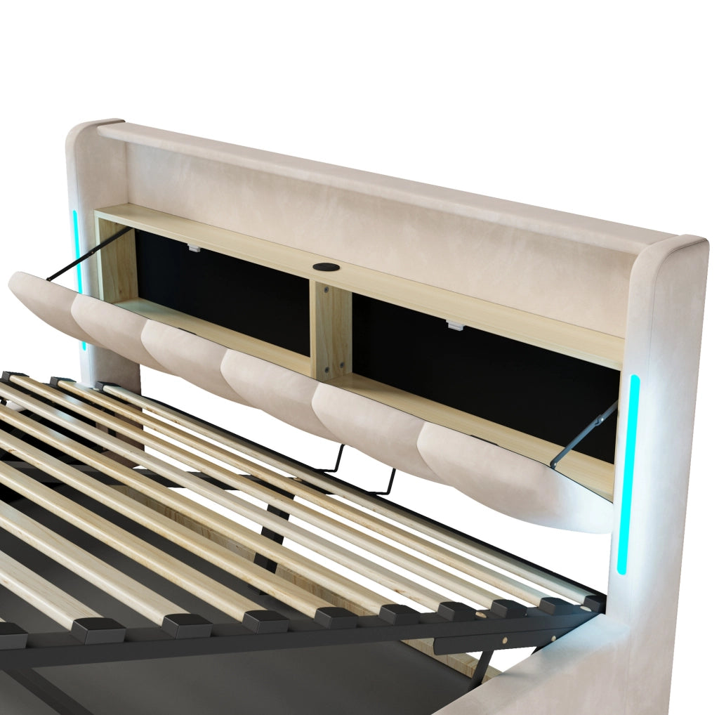Letto matrimoniale imbottito 180x200 cm in velluto beige con LED; contenitore e USB/Type-C