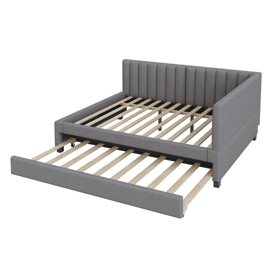 OKWISH Letto a Divano 140×200 cm, Letto Singolo con Letto Estraibile, Testiera Imbottita e Doghe, senza Materasso, Velluto Grigio