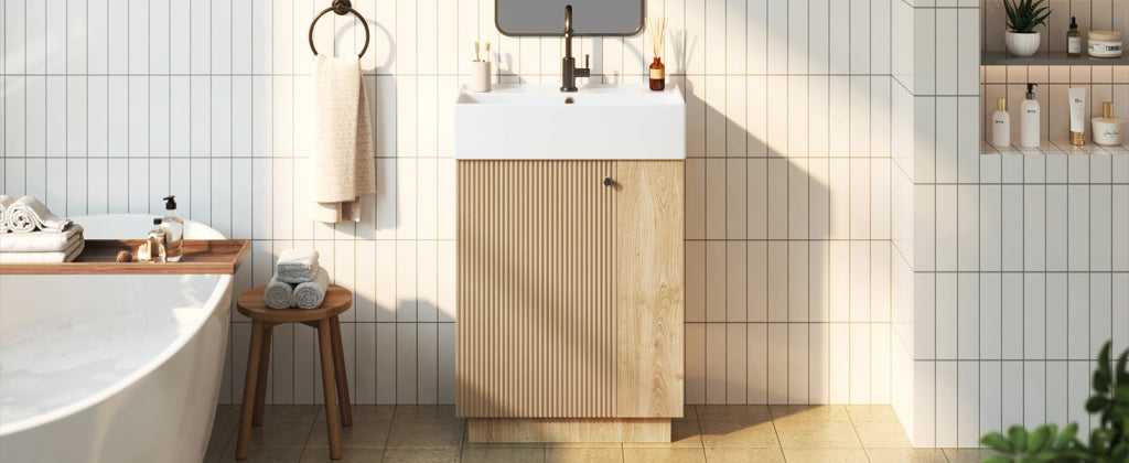Mobile sottolavabo con lavabo in ceramica, 1 anta, ripiani aperti e porta carta igienica, per bagno, 55 × 32 × 87 cm