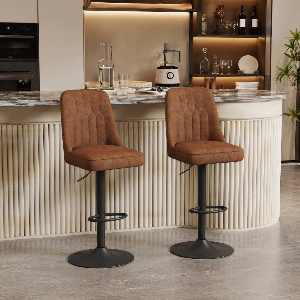 Sgabello da Bar Set da 2 Regolabile in Altezza Girevole con Schienale e Poggiapiedi in Tessuto e Metallo Marrone Nero
