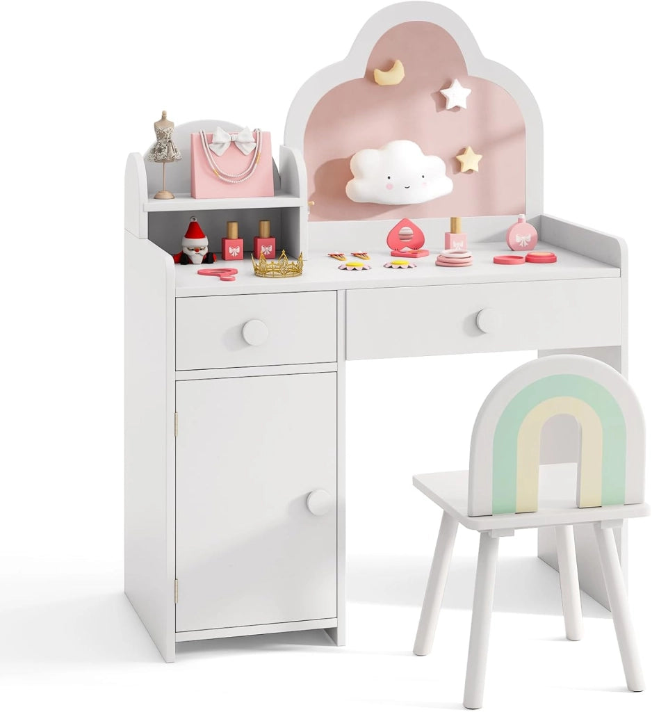 Set Toeletta Trucco per Bambina con Sedia, Tavolo Trucco Specchio a Nuvola Staccabile, Postazione Trucco con Ante e 2 Cassetti, per Bambine 3-7 Anni, Bianco