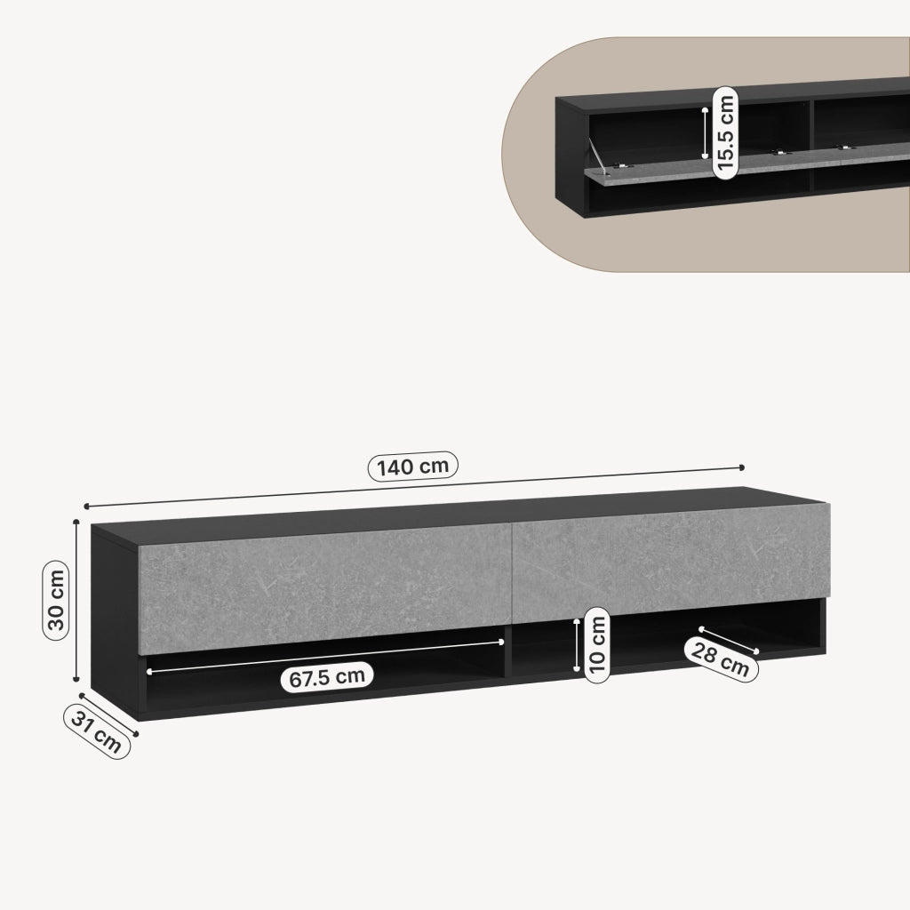 Mobile Porta TV Halmstad da Parete con Ante a Ribalta 140 x 31 x 30 cm - Nero/Effetto Cemento [en.casa]