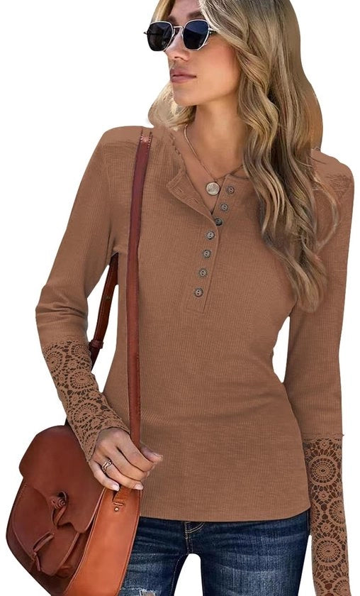 Camisetta donna con collo rotondo e maniche lunghe, camicia con chiusura a bottone e maniche lunghe in tessuto a rilievo con polsini con bordo, camicia informale per autunno inverno con vita larga.