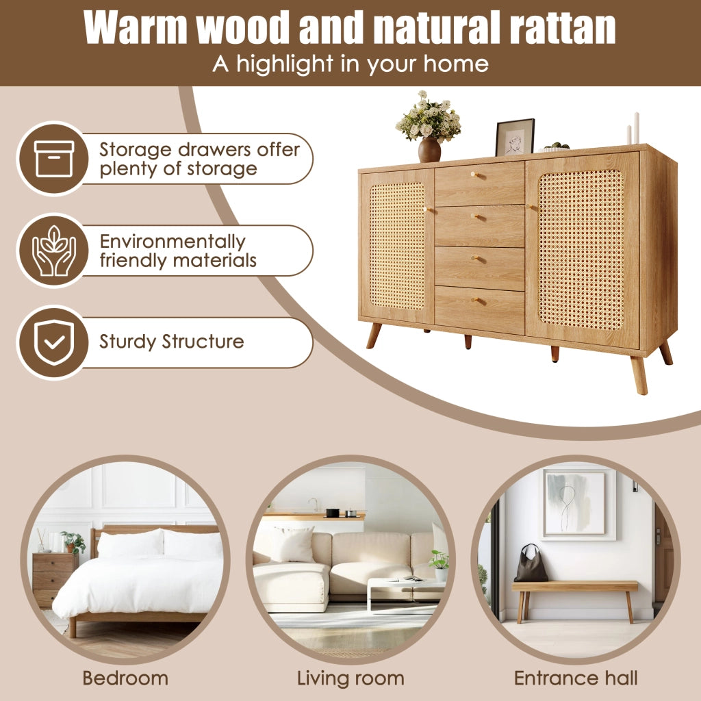 OKWISH Credenza con 2 Ante e 4 Cassetti, Ripiani Regolabili, per Soggiorno Sala da Pranzo Ingresso, 140 x 40 x 86 cm