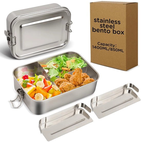 Lunchbox e contenitore alimentare in acciaio inossidabile con coperchio 1400 ml impermeabile, divisori regolabili in acciaio inossidabile, contenitore a cassetta in acciaio inossidabile per viaggi, lavoro, picnic per adulti