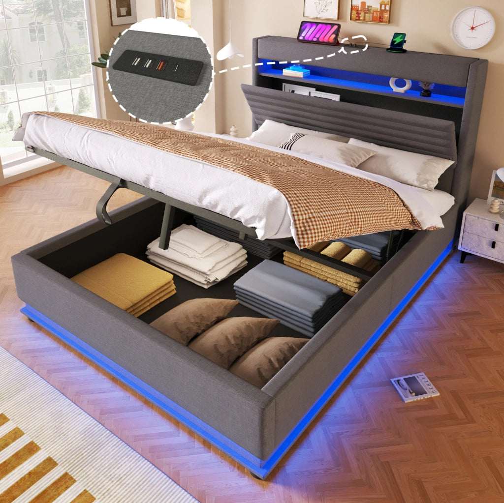 Letto imbottito 140x200 con LED, vano contenitore idraulico e porte USB/Type-C