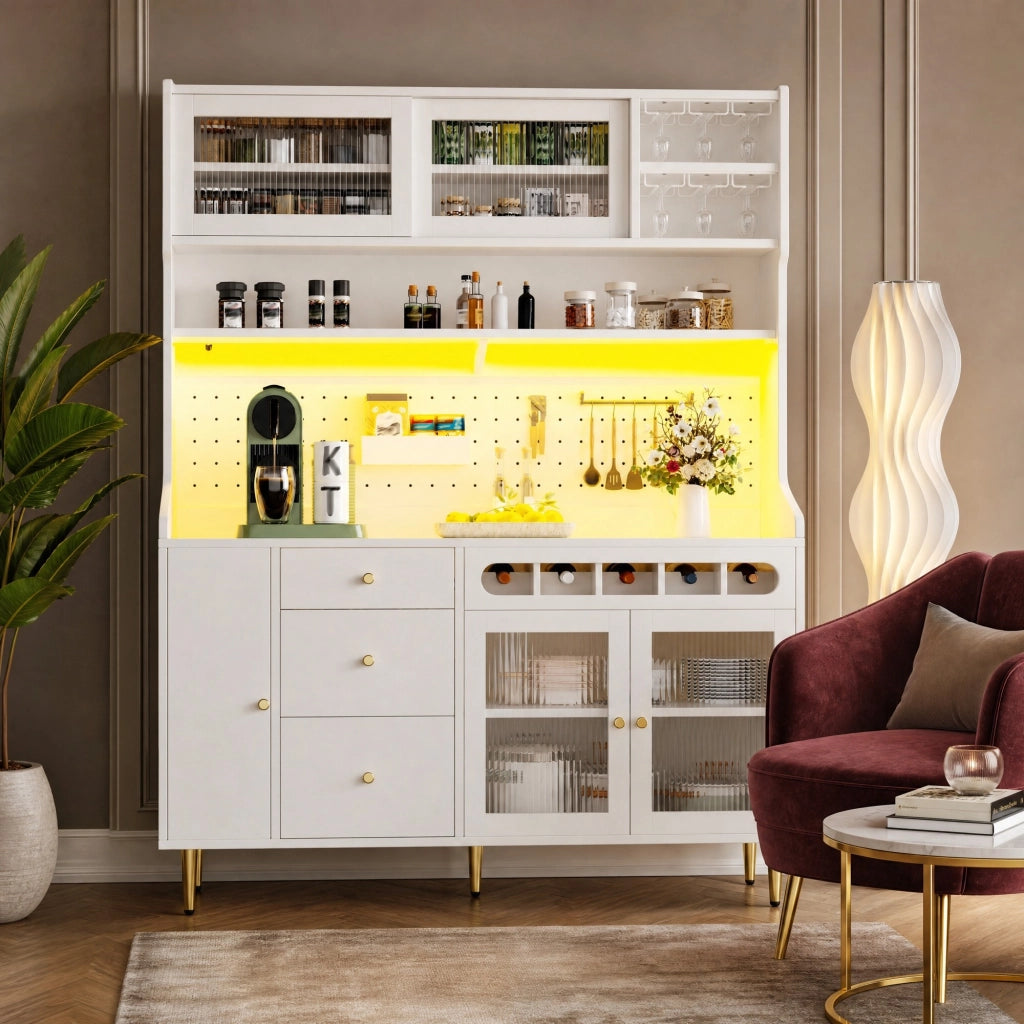 Mobile colonna da cucina con LED; ripiani regolabili e vano vino estraibile in MDF bianco 145 × 39 × 171 cm