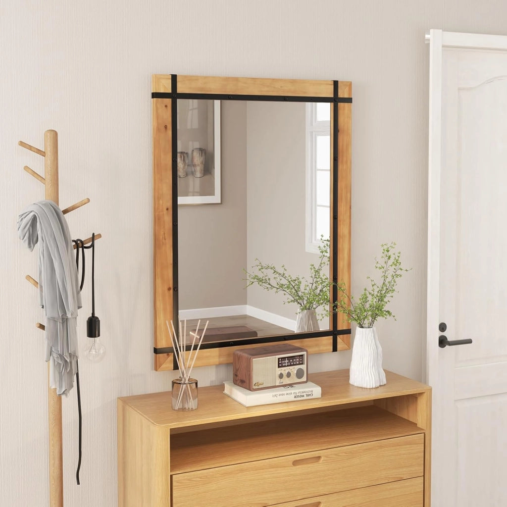 Specchio da Parete 77 x 100 CM, Specchio Rettangolare con Cornice in Legno di Abete, Specchio da Parete per Bagno Ingresso e Camera da Letto