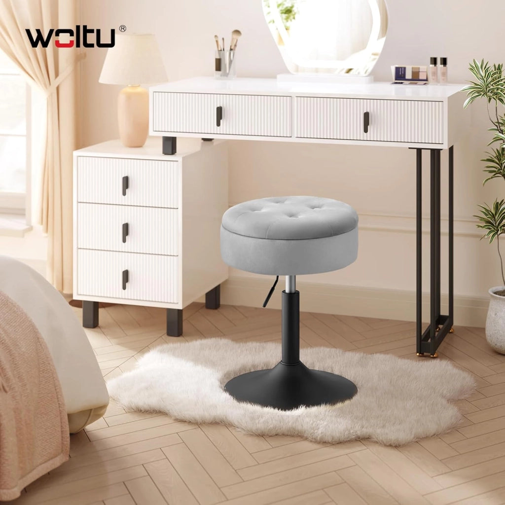 Sgabello da Trucco Girevole, Sgabello Altezza Regolabile, Sedia da Bar Rotondo con Contenitore, Sedile in Velluto, Base in Metallo, per Cucina, Soggiorno, Grigio Chiaro