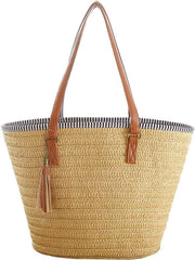 Borsa estiva per donne con maniglie in pelle e pennello - Borsa da spiaggia e borsa per spesa per viaggi (marrone)