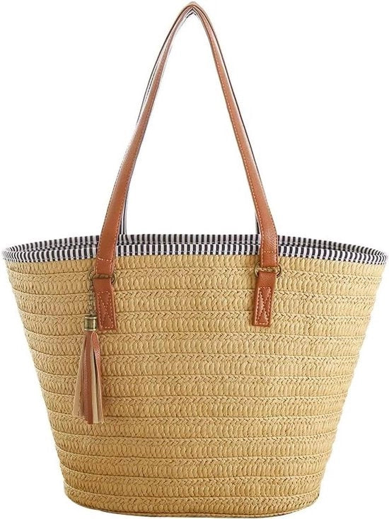 Borsa estiva per donne con maniglie in pelle e pennello - Borsa da spiaggia e borsa per spesa per viaggi (marrone)
