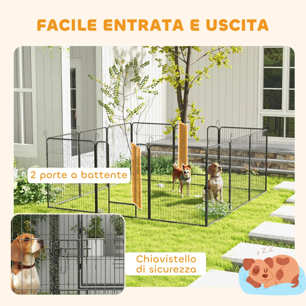 Recinto per Cani a 12 Pannelli Modulabili da 80x100 cm, Pieghevole con Porta in Acciaio e 12 Picchetti, Grigio